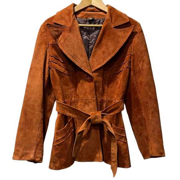 Vintage Suede Leather Jacket Burnt Orange Belted Suede Coat Size Medium 13/14 - Picture 14 of 17